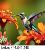 Hummingbird collects pollen in the most beautiful flower illuminated by the sun. Стоковое AI-изображение, AI-художник Александра Рублева / Фотобанк Лори