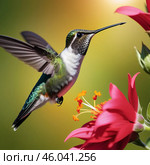 Hummingbird collects pollen in the most beautiful flower illuminated by the sun. Стоковое AI-изображение, AI-художник Александра Рублева / Фотобанк Лори