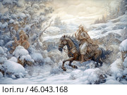 An illustration in the style of Russian fairy-tale painting, depicting a girl riding a frisky horse through a snowy forest. She is dressed in rich outfits reminiscent of Russian or medieval clothing, her hair flutters in the wind, and her gaze is full of determination. The horse is dynamic, with powerful movements, creating a sense of speed and swiftness.The landscape around is snowy, fairy-tale-like, with ornate trees covered in thick snow. Mysterious characters are hidden among the branches, perhaps fairy-tale creatures or villains, watching the girl. In the distance, you can see a winter forest and a shining morning or sunset sky.The painting is filled with details and smooth lines, which gives it a mystical and magical atmosphere, like an illustration of an ancient Russian legend. Стоковое AI-изображение, AI-художник Анна Кривицкая / Фотобанк Лори