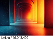 A fantastic gallery with arches that go to infinity. The space is painted in contrasting colors: cold blue and turquoise shades prevail on the left, and warm orange and red tones on the right. Light particles scattered on the floor and walls create a feeling of outer space or a portal to another dimension. Depth and perspective are emphasized by the repeating rhythm of the arches, enhancing the effect of infinity. The atmosphere resembles a sci-fi world filled with mystery and enigma. Стоковое AI-изображение, AI-художник Анна Кривицкая / Фотобанк Лори