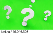 Questions Marks Animated on Green Screen. White Question Mark icons isolated on green background. Cartoon animation. Visual Concept of What When Where Why and how. Signs on Chroma key backdrop. Стоковое AI-видео, аниматор Марина Демидюк / Фотобанк Лори
