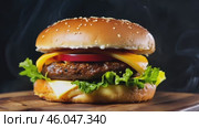 Hot cheeseburger spinning in smoke and fire on a dark background. Steaming hot burger with fresh lettuce, melting cheese, tomato. Gourmet veggie grilling beef steak hamburger with a sesame seed bun. Стоковое AI-видео, аниматор Марина Демидюк / Фотобанк Лори