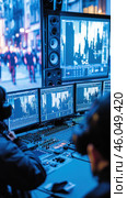 Sound engineers working with mixing console and computers during live event. Стоковое AI-изображение, AI-художник Юрий Поздников / Фотобанк Лори
