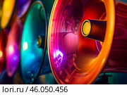 Colorful spinning pc fans creating airflow inside computer case. Стоковое AI-изображение, AI-художник Иван Рябоконь / Фотобанк Лори