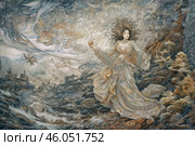 A graceful woman in a luxurious, detailed dress that seems to be woven from magical patterns. Her hair flutters like flowing threads of magic, and a mysterious vortex of clouds and energies hovers around her. The background is a mystical, fantastic landscape: ancient castles lost among rocky mountains and raging waters. Mysterious creatures soar in the sky, and nature intertwines with fantasy-style architecture. The atmosphere of the image is filled with magic, ancient secrets and the grandeur of nature. Стоковое AI-изображение, AI-художник Анна Кривицкая / Фотобанк Лори