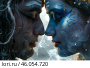 Couple embracing indian culture with artistic body painting and smoke. Стоковое AI-изображение, AI-художник Иван Рябоконь / Фотобанк Лори