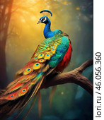 Peacock, or Indian peafowl (Pavo cristatus) is a genus of large birds of the pheasant family of the order Galliformes. Characterized by a small head with areas of bare skin on the sides, a long neck. Males are distinguished by a bright green, metallic-sheen and "eye" patterned train formed by long (up to 140-160 cm), wide and spread feathers of the upper tail, which the mating bird raises vertically and spreads like a fan. Стоковое AI-изображение, AI-художник Сергей Елизарьев / Фотобанк Лори