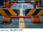 Roadblock blocking the way on a construction site. Стоковое AI-изображение, AI-художник Иван Рябоконь / Фотобанк Лори