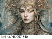 A mystical and mesmerizing female figure with exquisite facial features. Her long silver hair flows down, adding to the elegance and aristocracy of the image. On her head she wears an intricate crown or headdress, richly decorated with gold and silver elements, precious stones, filigree carvings and details reminiscent of ancient mythology or fantasy style. Her clothing is also detailed with intricate patterns, inlaid with pearls and metal elements. The background of the painting is done in muted tones with many intertwining ornaments and abstract patterns, creating a sense of mystery and magic. Стоковое AI-изображение, AI-художник Анна Кривицкая / Фотобанк Лори