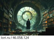 A mysterious library in ruins with a giant round window in the shape of an old clock. Light shines through the broken glass, behind which green thickets are visible, symbolizing nature absorbing traces of civilization. In the center stands a mysterious man in a long cloak, watching this majestic, but abandoned place. The floor is strewn with books, the shelves are filled with ancient tomes, and the walls are covered with moss and vines. The atmosphere is imbued with mysticism, mystery and a sense of a forgotten past. Стоковое AI-изображение, AI-художник Анна Кривицкая / Фотобанк Лори