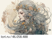 In the style of fantasy illustration and is a portrait of a mysterious woman with long silver-gray hair intertwined with leaves, flowers and elements of the natural theme. Her face has refined features, and her skin has an almost porcelain pallor. Around her head is formed a halo of decorative ornaments reminiscent of Celtic patterns, creating the impression of a mythical or magical aura. The color palette includes pastel colors, gold, beige, gray and greenish shades, emphasizing the natural harmony and elegance of the image. Стоковое AI-изображение, AI-художник Анна Кривицкая / Фотобанк Лори