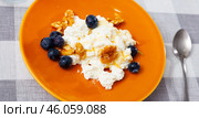 Traditional Catalan mato con miel, delicate soft whey cheese made from sheep milk served for breakfast with honey, walnuts and blueberries. Стоковое фото, фотограф Яков Филимонов / Фотобанк Лори