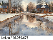 The watercolor illustration depicts a quiet suburban street in early spring or late winter. Red brick houses with snow-covered roofs are surrounded by leafless trees, creating an atmosphere of calm. In the center of the composition is a large puddle of melt water, in which the trees and sky are reflected, giving the image depth and realism. The color palette consists of soft browns, grays, blues and whites, conveying a cool, but already awakening from winter landscape. The picture is filled with lightness and a feeling of the imminent arrival of spring. Стоковое AI-изображение, AI-художник Анна Кривицкая / Фотобанк Лори
