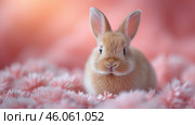 Adorable rabbit nestles in soft pink flowers against a blurred background. Стоковое AI-изображение, AI-художник Елена Никишина / Фотобанк Лори