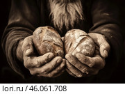 Poor senior man holding bread loaves in dirty hands. Стоковое AI-изображение, AI-художник Иван Рябоконь / Фотобанк Лори
