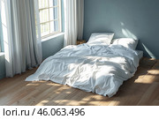 Unmade bed in cozy bedroom with morning sunlight streaming through window. Стоковое AI-изображение, AI-художник Иван Рябоконь / Фотобанк Лори
