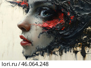 A female profile with an expressive, detailed eye, lips and nose. However, part of the face seems to blur and turn into abstract strokes of black and red paint, creating the effect of destruction or transformation. Dark colors, chaotic textures and dynamic splashes of red give the image expression, drama and symbolism. The painting is made in the style of a combination of realism and abstract expressionism. Стоковое AI-изображение, AI-художник Анна Кривицкая / Фотобанк Лори