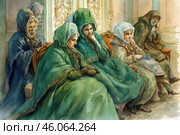 A group of people sitting in a richly decorated room. The main focus is on the women in warm green capes and shawls, who look thoughtful and mournful. Their poses express sadness and concentration, and their faces are filled with a sense of experience. In the background are two figures in darker clothes - an elderly man and a woman, who also appear lost in thought. The style of the image resembles a watercolor painting, with smooth transitions of shades and detailed drawing of fabrics and decor. Стоковое AI-изображение, AI-художник Анна Кривицкая / Фотобанк Лори
