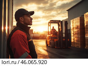Latino warehouse worker, mid-20s, standing by metal wall at sunset, with forklift loading pallets in background. Стоковое AI-изображение, AI-художник Владимир Григорьев / Фотобанк Лори