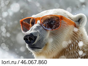Polar bear wearing sunglasses in snowfall, funny wildlife portrait. Стоковое AI-изображение, AI-художник Иван Рябоконь / Фотобанк Лори