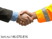 Двое мужчин пожимают друг другу руки на деловой встрече. Белый фон. Стоковое AI-изображение, AI-художник Ярославский Максим / Фотобанк Лори
