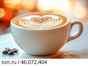 Frothing cappuccino with heart latte art in a white cup. AI generated. Стоковое AI-изображение, AI-художник Ольга Губская / Фотобанк Лори