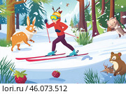Зимний лыжник в лесу с лесными зверями и ягодами на фоне снежных пейзажей. Стоковое AI-изображение, AI-художник Сергей Никифоров-Гордеев / Фотобанк Лори