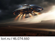 Huge alien spaceship flying over desert road releasing smaller ufos. Стоковое AI-изображение, AI-художник Иван Рябоконь / Фотобанк Лори