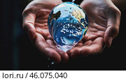 Blue planet earth glass ball in human hands with flowing water. Hunger. Water problems, global warming, drought, water shortage in the world, health problems, poverty and misery in countries. Climate change: from friendship to green grove. Стоковое AI-видео, аниматор ALLA YURTAYEVA / Фотобанк Лори