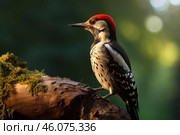 Middle spotted woodpecker perched on mossy branch. Стоковое AI-изображение, AI-художник Иван Рябоконь / Фотобанк Лори