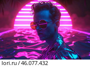 Trendy man posing in a futuristic, vaporwave, retrowave, synthwave, outrun, cyberpunk setting with neon lights and reflections. Стоковое AI-изображение, AI-художник Иван Рябоконь / Фотобанк Лори