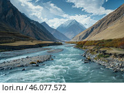 Bartang river flowing through valley in the pamir mountains. Стоковое AI-изображение, AI-художник Иван Рябоконь / Фотобанк Лори