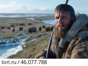 Portrait of a man with a beard in a fur coat on the background of a flock of ungulates. Стоковое AI-изображение, AI-художник Евгений Харитонов / Фотобанк Лори
