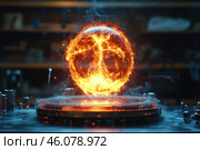 A fireball floating above a technological platform. It appears to be held by an invisible force or magnetic field, giving the impression of a scientific experiment or futuristic device. Smoke and sparks are visible around the ball, and its surface resembles solar plasma or energy in the process of transformation. The background is slightly darkened, creating a contrast between the bright fiery object and the laboratory setting. Стоковое AI-изображение, AI-художник Анна Кривицкая / Фотобанк Лори
