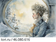 A girl in a winter outfit in the style of the Russian aristocracy of the 19th century. She is standing by the window, through which a snow-covered cityscape with the domes of an ancient temple can be seen. Her face expresses thoughtfulness and slight sadness. Her hair is styled in a lush hairstyle, and exquisite details such as a lace collar and a golden ribbon are visible on her clothes. The color palette is made in gentle cold tones of watercolor, creating the atmosphere of a winter fairy tale. Стоковое AI-изображение, AI-художник Анна Кривицкая / Фотобанк Лори