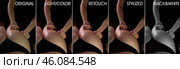 Perfect woman body messaging before and after retouching by photo editors. Collage set of retouch image before and after soft skin processing. Edited photos being compared concept. Copy ad text space. Стоковое фото, фотограф Aleksandr Golubev / Фотобанк Лори