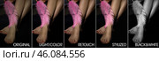 Perfect woman legs with soft feather before and after retouching by photo editors. Collage set image of before and after chic skin processing. Edited photos being compared concept. Copy ad text space. Стоковое фото, фотограф Aleksandr Golubev / Фотобанк Лори