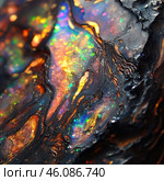 A close-up of an opal with a rich play of colors. The stone shimmers with shades of blue, green, orange and purple, creating a rainbow effect. Its surface has textured cracks and black veins, which gives it an unusual, almost alien look. The stone looks like magma frozen with an inner light, which makes it mesmerizing and unique. Стоковое AI-изображение, AI-художник Анна Кривицкая / Фотобанк Лори