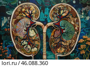 Detailed illustration of human kidneys highlighting internal anatomy. Стоковое AI-изображение, AI-художник Иван Рябоконь / Фотобанк Лори