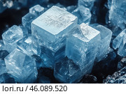 Large crystals in a blue hue. The crystals appear transparent and have a distinct faceted structure. The light and shadows reflecting off their surface create an interesting texture and add a sense of depth. These crystals are likely mineral or ice crystals, and their geometry gives the image a strict yet beautiful look. Стоковое AI-изображение, AI-художник Анна Кривицкая / Фотобанк Лори