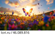 A butterfly flutters over blooming flowers as the sun sets in the background. Стоковое AI-изображение, AI-художник Елена Старчак / Фотобанк Лори