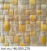 The texture of a woven material made from natural fibers such as straw, reed or palm leaves. The weave has a checkerboard pattern, with alternating stripes of beige and yellow. The surface has a slightly glossy appearance, with visible fibers and natural irregularities, giving it an authentic and rustic look. This texture is typical of traditional handicrafts such as mats, baskets, rugs and straw hats. Стоковое AI-изображение, AI-художник Анна Кривицкая / Фотобанк Лори