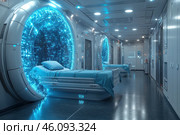 A futuristic medical room with a high-tech design. The room is decorated in white and blue tones, the lighting is soft but technological, creating a future atmosphere. Along the wall are medical beds with soft blue sheets and pillows. However, the most amazing detail is the giant glowing portals with digital effects built into the walls behind the beds. They emit a bright blue glow, creating the impression of teleportation technology or virtual reality. The interior looks sterile and organized, and the equipment on the walls hints at advanced medical technology, perhaps associated with a space station or a sci-fi hospital. Стоковое AI-изображение, AI-художник Анна Кривицкая / Фотобанк Лори