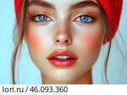 A close-up of the face of a young girl with perfect skin, expressive blue eyes and bright red lips. Her eyebrows are thick and well-defined, there is a slight blush on her cheeks, and her nose is covered with small freckles. She wears a red knitted hat, which emphasizes the color of her lips. The background is light, which creates an effect of freshness and purity. The makeup is natural, but with an emphasis on the lips and eyes, emphasizing her beauty. The girl's gaze is calm and mesmerizing, which makes the photo especially expressive. Стоковое AI-изображение, AI-художник Анна Кривицкая / Фотобанк Лори