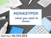 The word Monkeypox what you need to know on Gray modern doctor desk table background. Mask, notepad, syringe and supplies. Monkey pox spreading. Medicine and healthcare, medical education. Top view. Стоковое фото, фотограф Марина Демидюк / Фотобанк Лори
