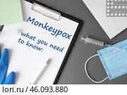 The word Monkeypox what you need to know on Gray modern doctor desk table background. Mask, notepad, syringe and supplies. Monkey pox spreading. Medicine and healthcare, medical education. Top view. Стоковое фото, фотограф Марина Демидюк / Фотобанк Лори