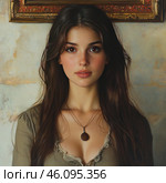 A young woman with long, wavy brown hair and expressive brown eyes. Her skin is soft, with a slight blush on her cheeks, and her lips look natural and soft. She wears a simple but elegant dress with lace trim, creating a romantic and vintage look. Around her neck hangs a pendant on a thin chain, which draws attention to her décolleté.The background is a slightly cracked wall in warm tones, creating the effect of an old painting. Above her head hangs a partially visible painting frame, which adds depth to the composition. The whole image is reminiscent of the style of classical portrait art, perhaps inspired by the Renaissance or Baroque era.The painting is characterized by photorealism, warmth and soft lighting, emphasizing the natural beauty of the girl. Стоковое AI-изображение, AI-художник Анна Кривицкая / Фотобанк Лори