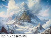 A majestic fantasy scene: a vast snow-covered mountain landscape, in the center of which rises a fairy-tale castle or ancient temple. The architecture of the building resembles a combination of oriental motifs and Gothic, with many domes, towers and arched passages. The city or fortress literally grows out of the mountainside, and its top is shrouded in magical clouds that form a mesmerizing pattern.The color scheme is cold, with shades of white, blue and gray dominating, creating a sense of icy power and mystery. The background is majestic mountain ranges hidden in snow curtains. The picture evokes a feeling of solitude, mysticism and a touch of ancient, almost divine power. Стоковое AI-изображение, AI-художник Анна Кривицкая / Фотобанк Лори