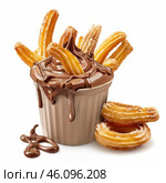 Churros dipped in melting chocolate cream. Стоковое AI-изображение, AI-художник Иван Рябоконь / Фотобанк Лори