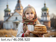 Russian traditions. Russian holiday Maslenitsa. Portrait of a girl in a Russian folk dress and a scarf with pancakes in her hands against the background of an Orthodox church. Стоковое AI-изображение, AI-художник Photojuli / Фотобанк Лори